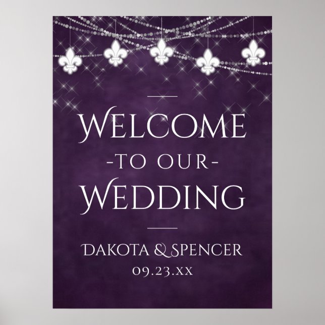 Royal Purple Fleur de Lis Light | Wedding Welcome Poster (Front)