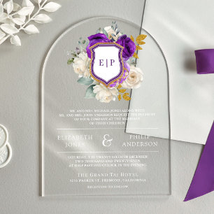 Royal Purple Floral Crest Monogram Wedding Acrylic Invitations