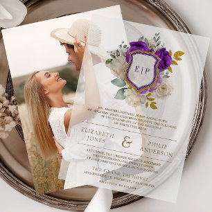 Royal Purple Floral Crest Monogram Wedding Vellum Invitations