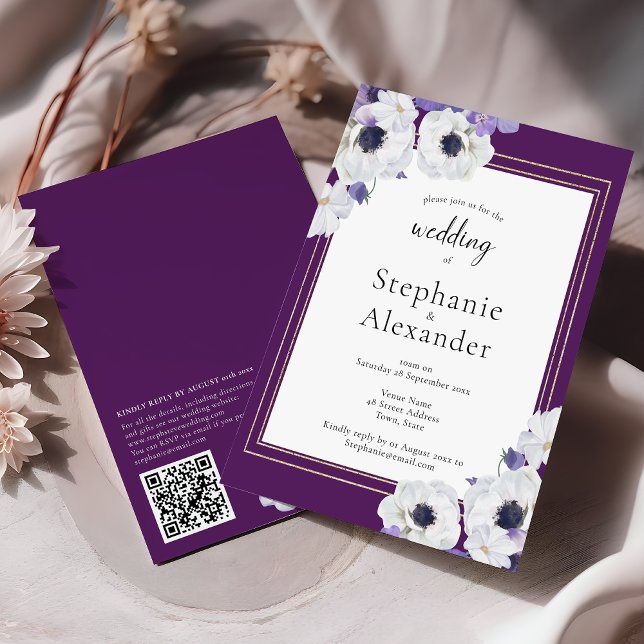 Royal Purple Floral Frame QR Code Wedding Invitation (Creator Uploaded)