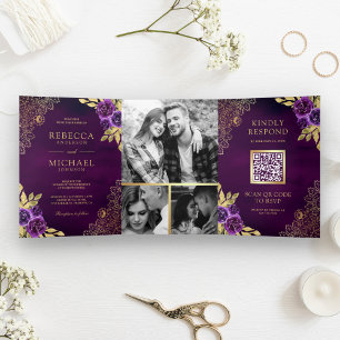 Royal Purple Floral Gold Lace QR Code Wedding Tri-Fold Invitation