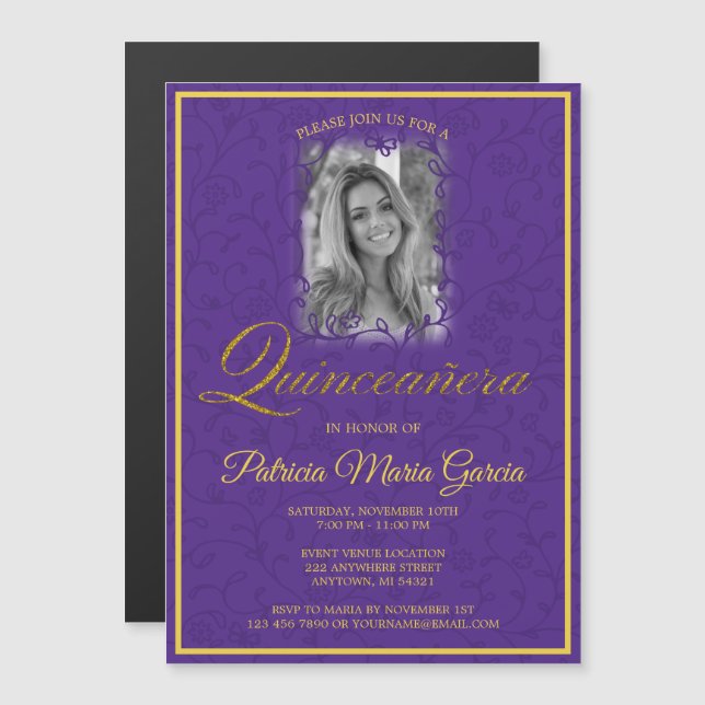 Royal purple floral vines photo quinceanera magnetic invitation (Front/Back)