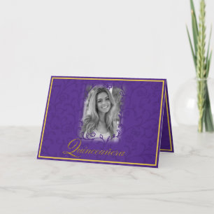 Royal purple floral vines with photo quinceanera card