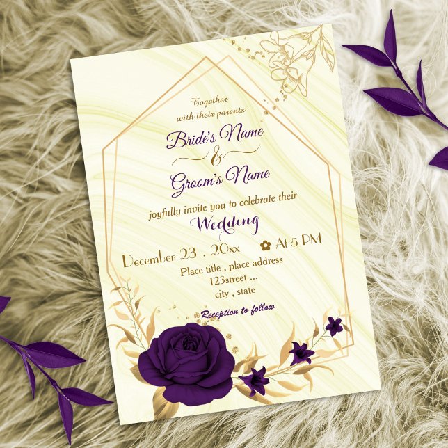 royal purple flowers gold geometric wedding invitation (Creator Uploaded)
