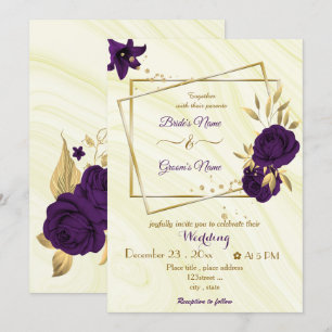royal purple flowers gold geometric wedding invitation