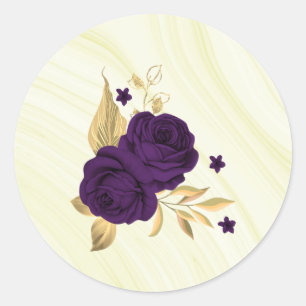 royal purple flowers gold leaves marble classic round sticker