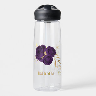 royal purple flowers gold leaves water bottle