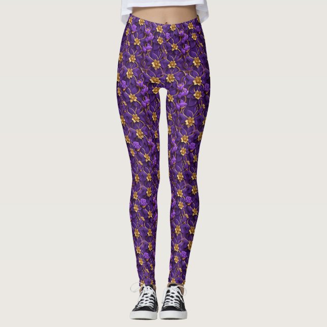 Royal Purple Flowers Interlaced with Gold Leggings (Front)