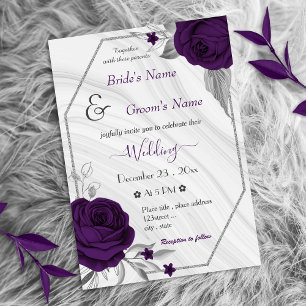 royal purple flowers silver geometric wedding invitation