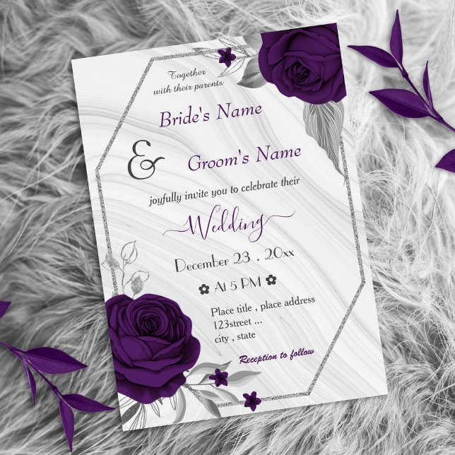 royal purple flowers silver geometric wedding invitation (Creator Uploaded)