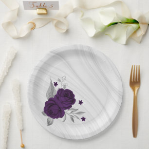 royal purple flowers silver leaves marble paper plate