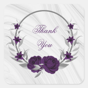 royal purple flowers silver leaves marble square sticker