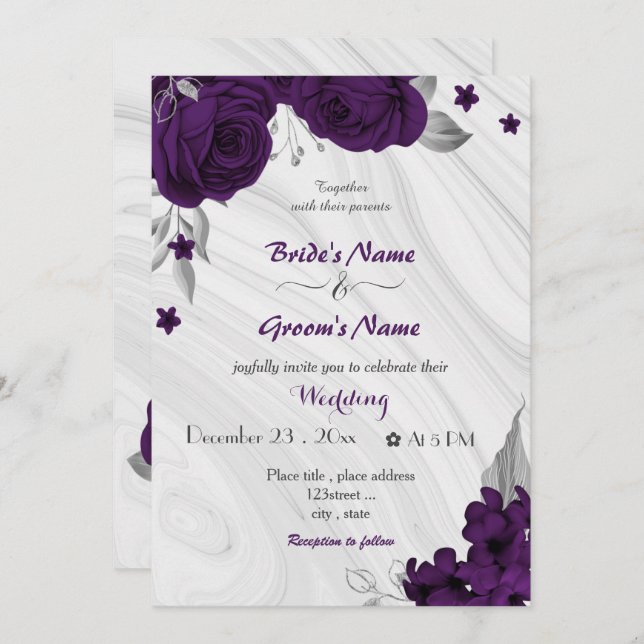 royal purple flowers silver wedding invitation (Front/Back)