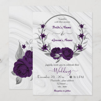 royal purple flowers silver wreath wedding invitation