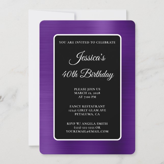 Royal Purple Foil Black and White 40th Birthday Invitation (Front)