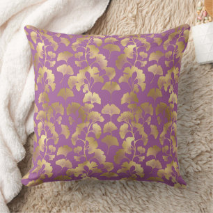 Royal Purple Ginkgo Leaf Luxury Gold Pattern Cushion
