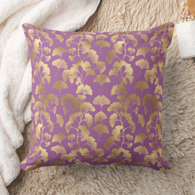 Royal Purple Ginkgo Leaf Luxury Gold Pattern Cushion (Blanket)