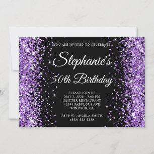 Royal Purple Glitter Black Monogram 50th Birthday Invitation