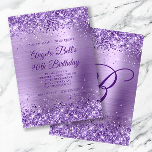 Royal Purple Glitter Brushed Foil 90th Birthday Invitation