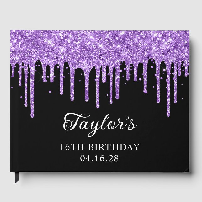 Royal Purple Glitter Drips Black 16th Birthday Guest Book (Front)
