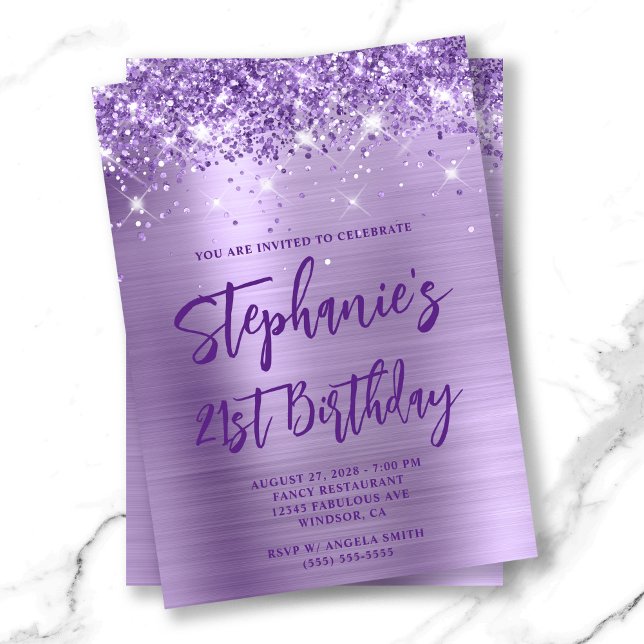 Royal Purple Glitter Foil Bold 50th Birthday Invitation (21st Birthday Invite - Brush Script Option)