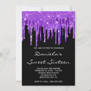 Royal Purple Glitter Foil Drips Black Sweet 16 Invitation