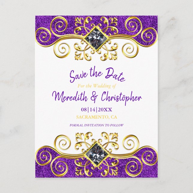 Royal Purple Glitter Gold Gemstone Save the Date Announcement Postcard (Front)
