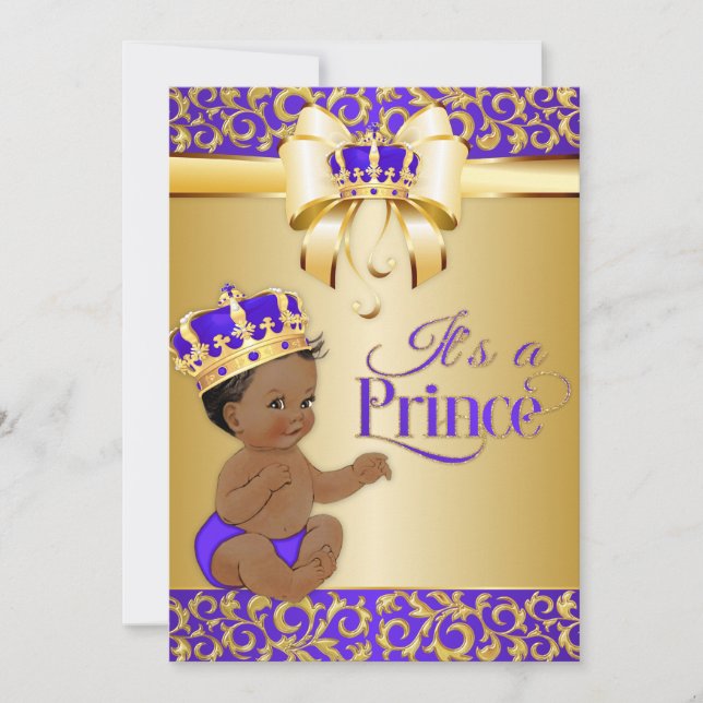 Royal Purple & Gold African American Prince Crown Invitation (Front)