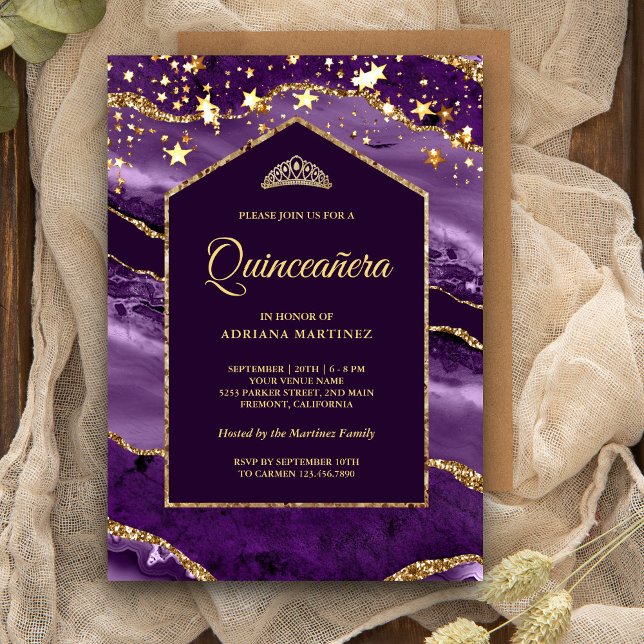 Royal Purple Gold Agate Marble Arch Quinceanera Invitation (Creator Uploaded)