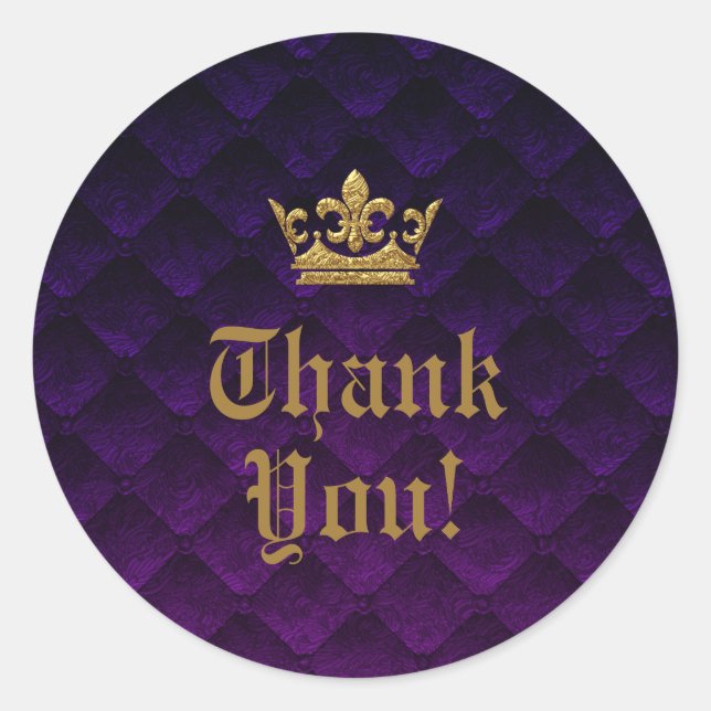 Royal Purple & Gold Crown Storybook Wedding Favour Classic Round Sticker (Front)
