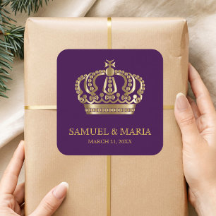 Royal Purple Gold Crown Wedding Favour Square Sticker