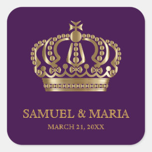 Royal Purple Gold Crown Wedding Favour Square Sticker