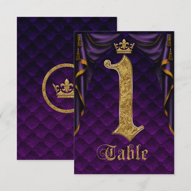 Royal Purple Gold Crown Wedding Table Number 1 (Front/Back)