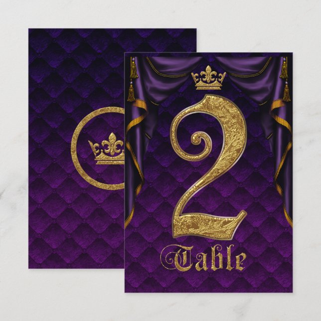 Royal Purple Gold Crown Wedding Table Number 2 (Front/Back)