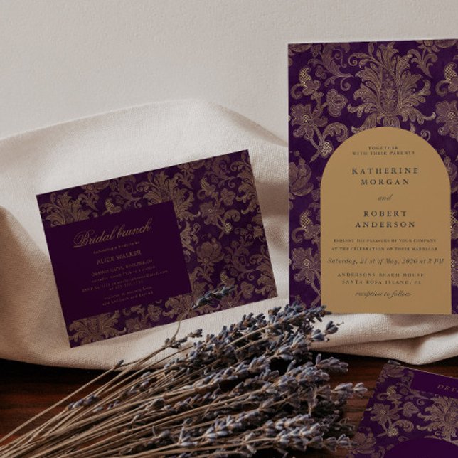 Royal Purple Gold Damask Bridal Brunch Invitation (Creator Uploaded)