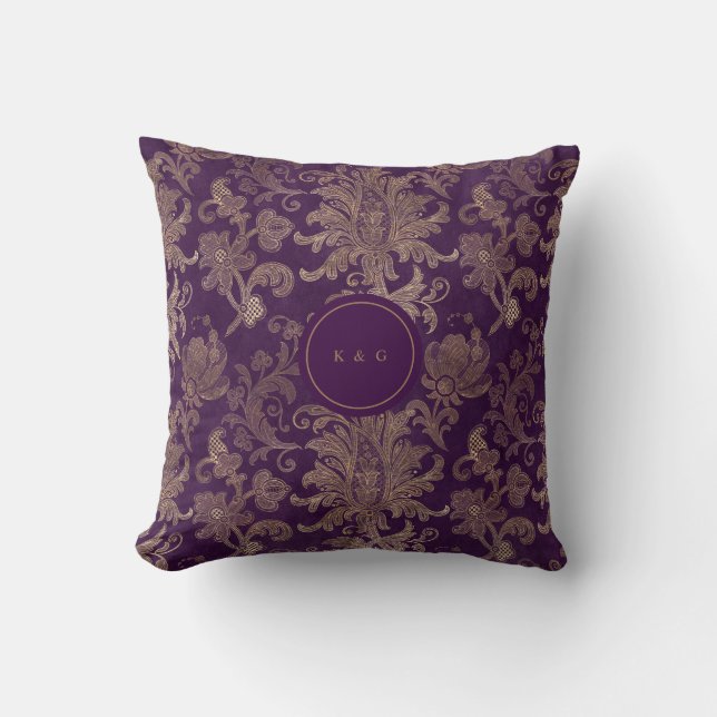 royal purple gold damask monogram cushion (Front)