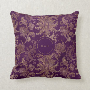 royal purple gold damask monogram cushion