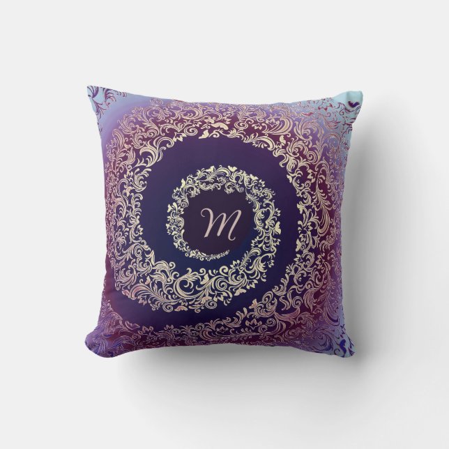 Royal Purple & Gold Damask Monogram Cushion (Front)