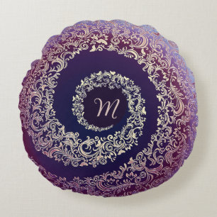 Royal Purple & Gold Damask Monogram Round Cushion