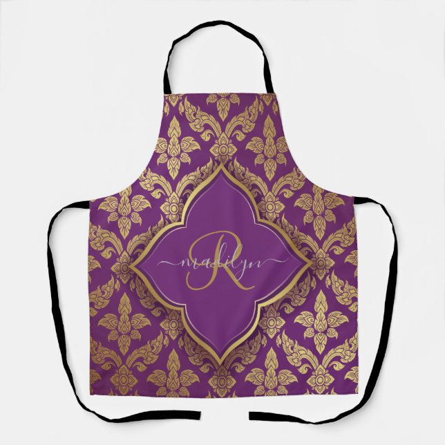 Royal Purple Gold Damask Pattern Fleur Monogram Apron (Front)