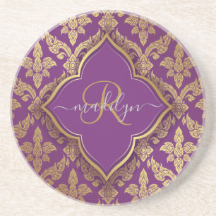 Royal Purple Gold Damask Pattern Fleur Monogram Coaster