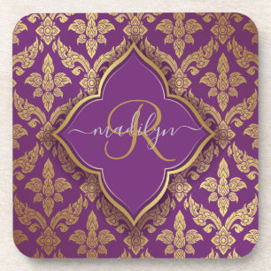 Royal Purple Gold Damask Pattern Fleur Monogram Coaster
