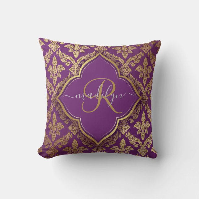 Royal Purple Gold Damask Pattern Fleur Monogram Cushion (Front)