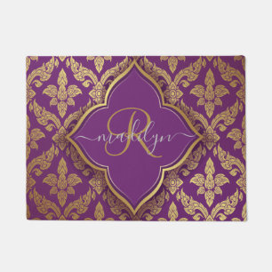 Royal Purple Gold Damask Pattern Fleur Monogram Doormat