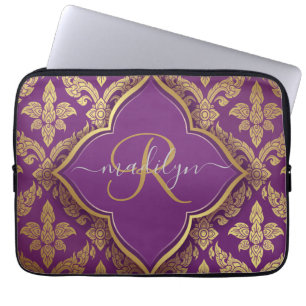 Royal Purple Gold Damask Pattern Fleur Monogram Laptop Sleeve