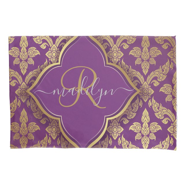 Royal Purple Gold Damask Pattern Fleur Monogram Pillowcase (Front)