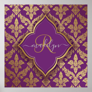 Royal Purple Gold Damask Pattern Fleur Monogram Poster