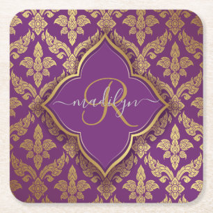 Royal Purple Gold Damask Pattern Fleur Monogram Square Paper Coaster