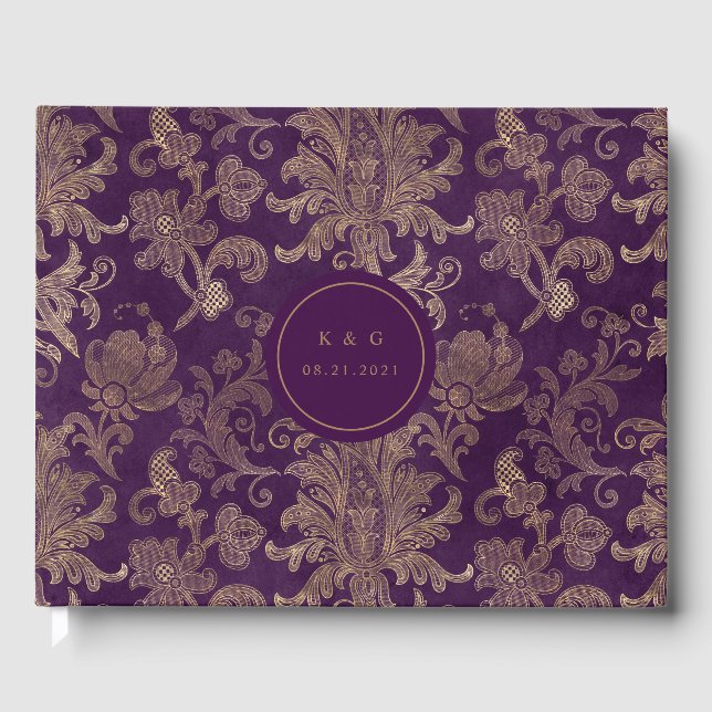 Royal Purple Gold Damask Wedding Guest Book (Front)