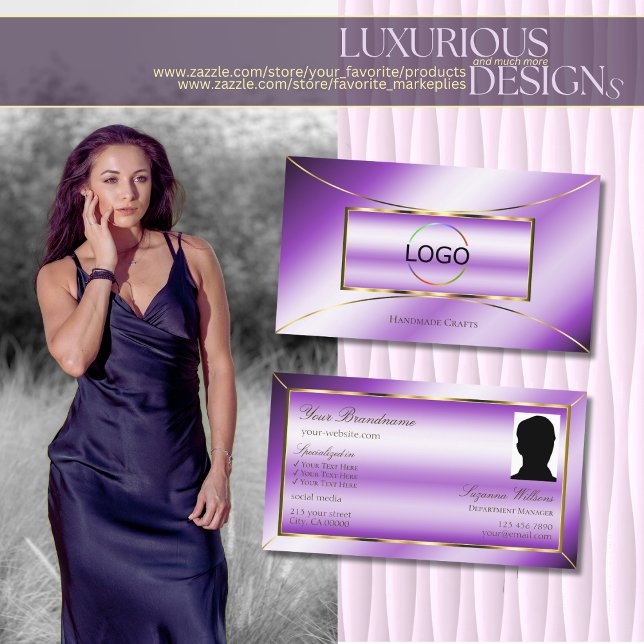Royal Purple Gold Decor with Logo and Photo Modern Business Card (Creator Uploaded)